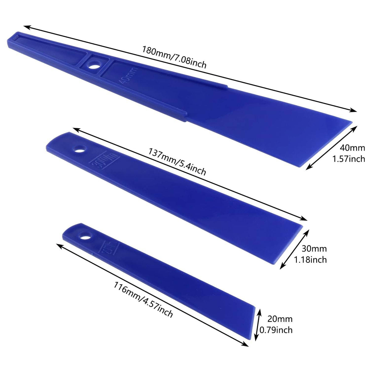 Blue plastic glue spreader smear sticks with printed size measurements