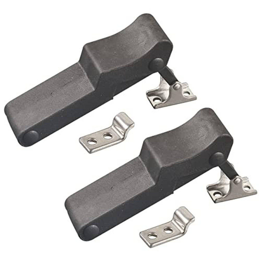 Two dark storage latch brackets with metal base plates for mounting