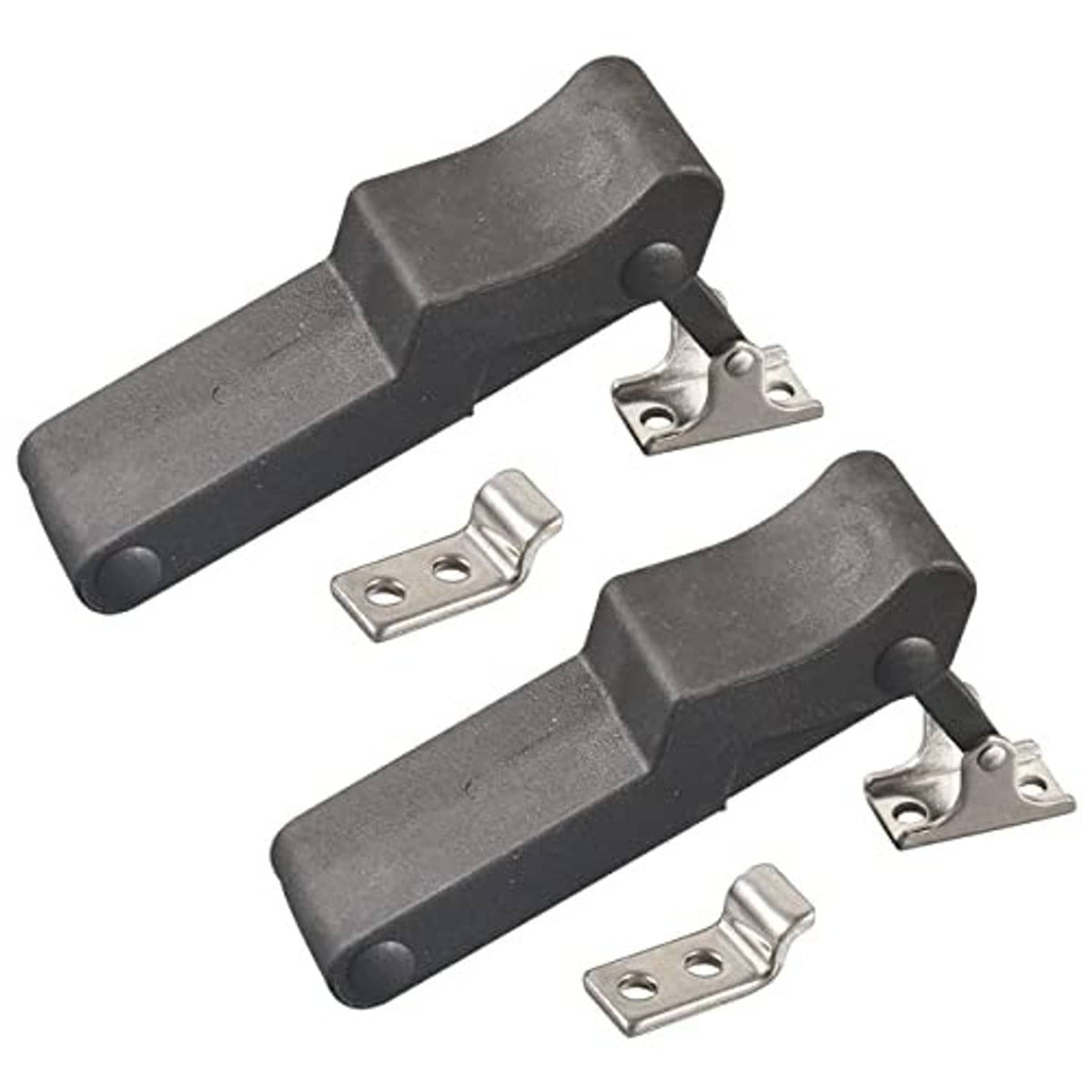 Two dark storage latch brackets with metal base plates for mounting
