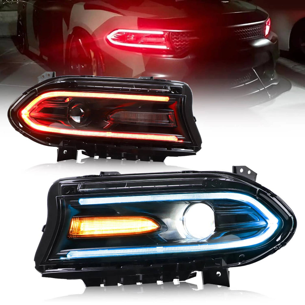 RGB LED tail light assemblies with red and blue illuminated light bars
