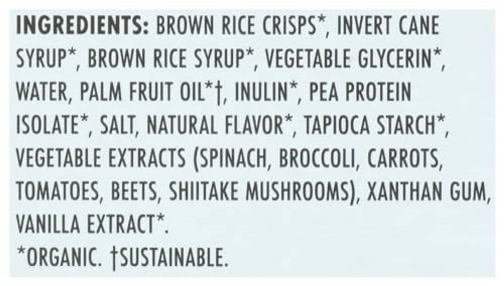 Ingredients list for vanilla crispy squares with organic, sustainable markings
