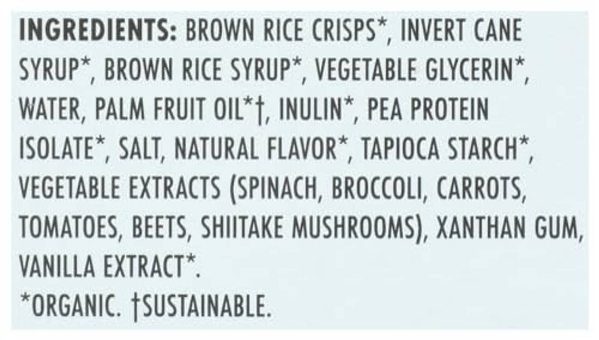 Ingredients list for vanilla crispy squares with organic, sustainable markings