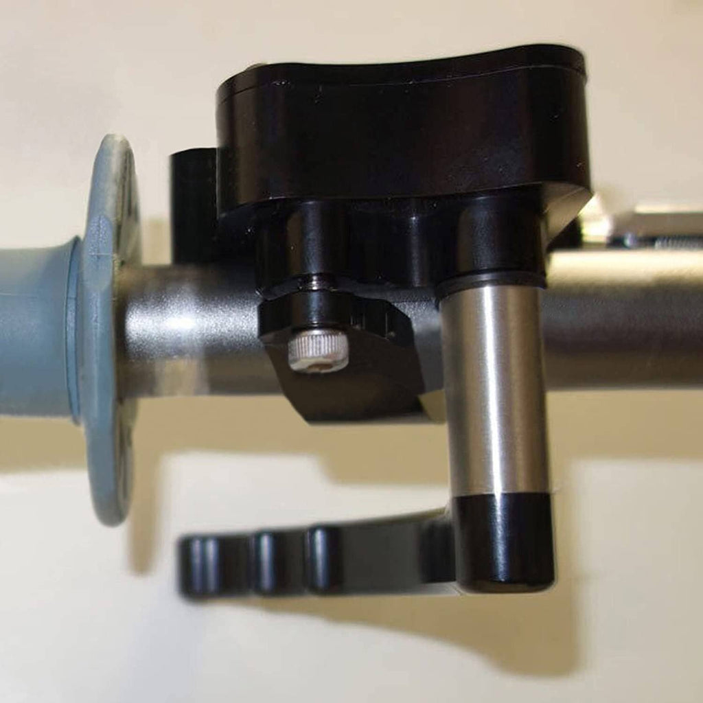 Billet thumb throttle mounted on metal bar with black housing and silver adjustment parts