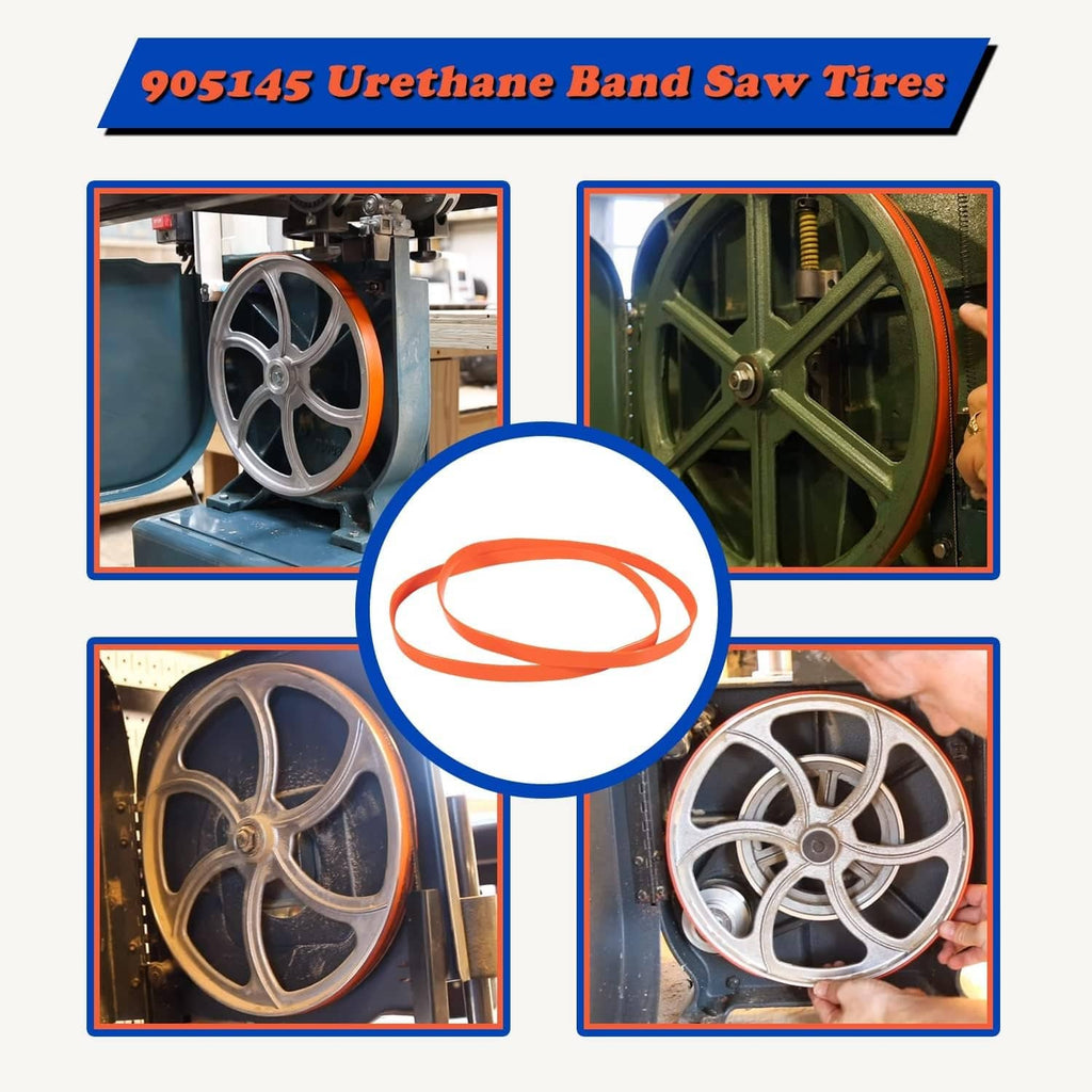 Collage of band saw wheels fitted with orange urethane band saw tires