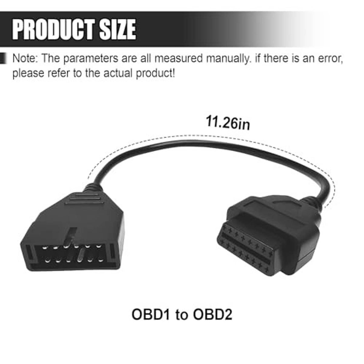 OBD adapter cable with end connectors and cable length, black cord