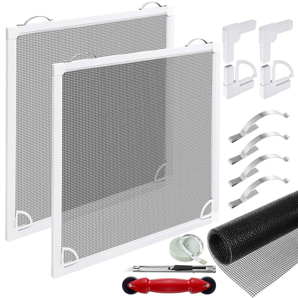 Window screen frame kit with white aluminum frames and dark mesh, set of 2