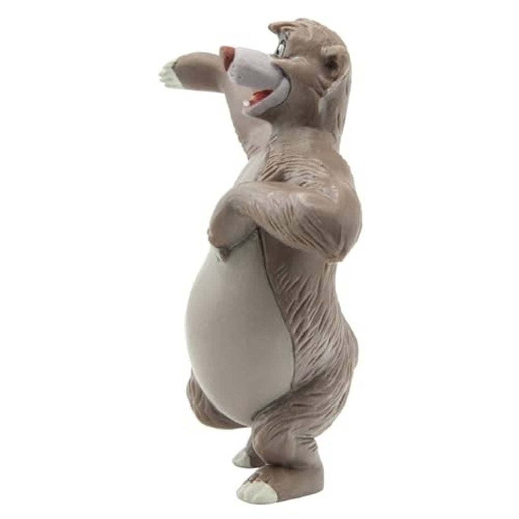 Painted bear toy figure, grey fur with white belly, side view with open mouth