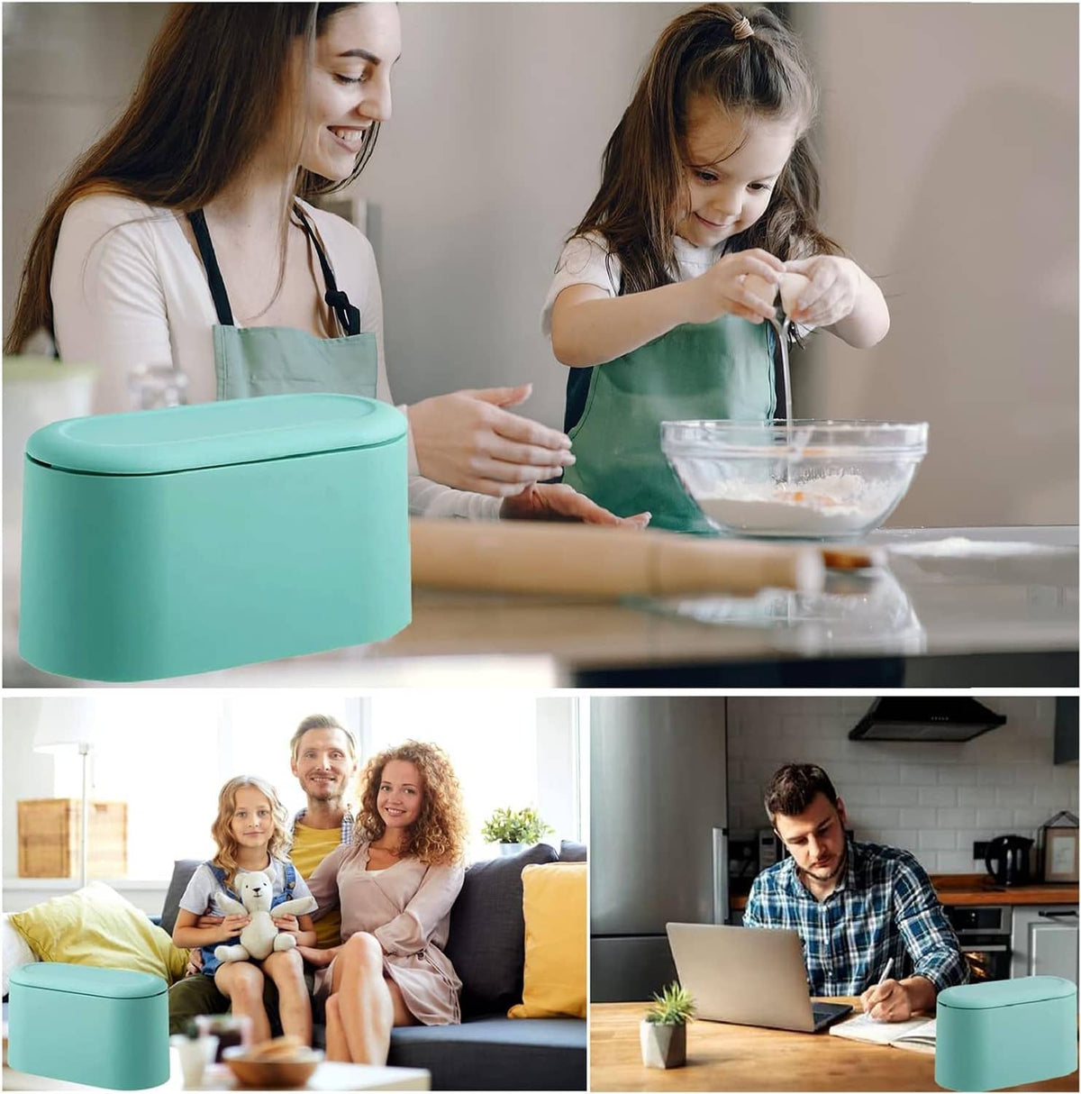 Light blue mini trash can on kitchen counter during family meal prep