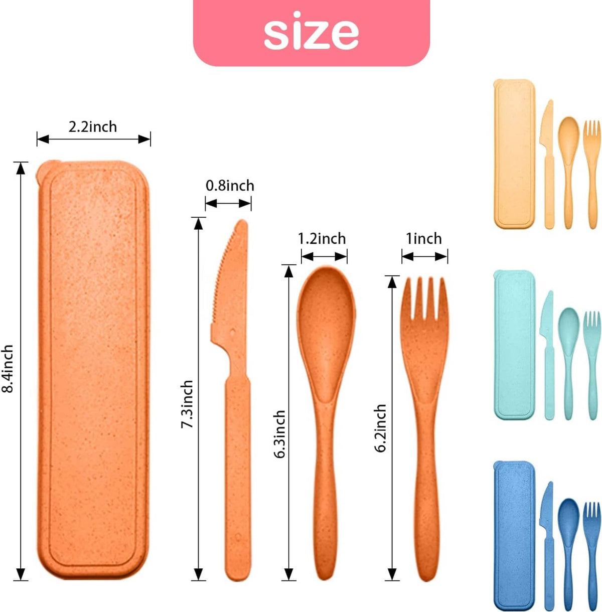 Wheat straw cutlery set size chart showing fork and knife dimensions