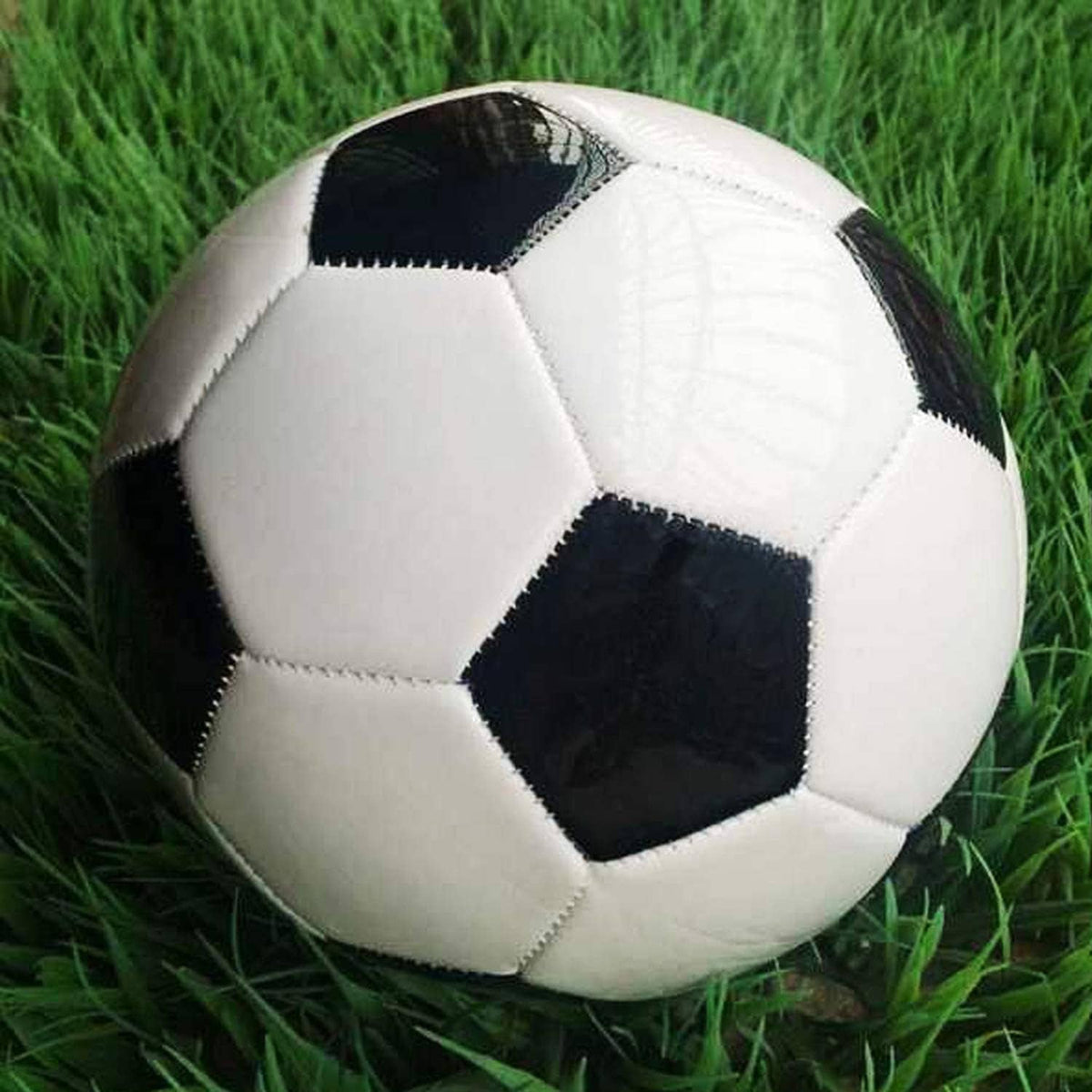 White soccer ball with black pentagon panels