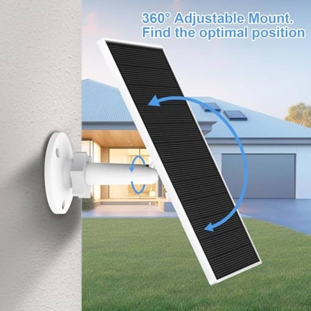 Solar panel charger with adjustable 360° mount and dark panel on outdoor wall