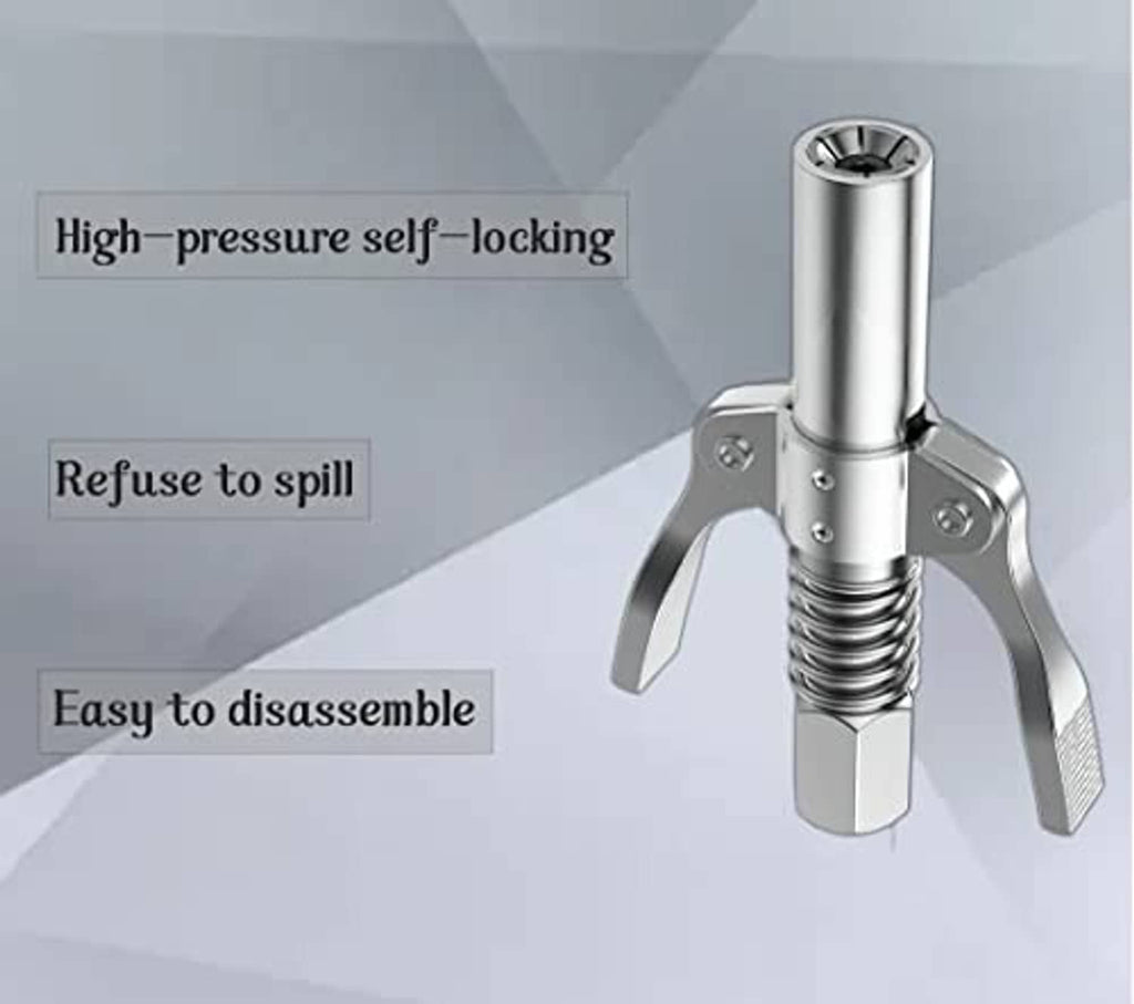 Self-locking grease gun coupler with forked handle and spring barrel, chrome finish