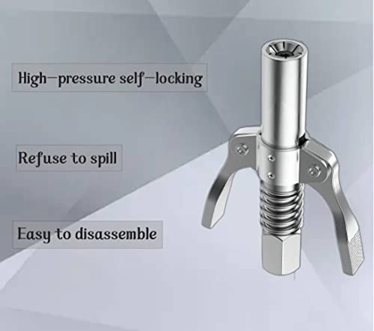 Self-locking grease gun coupler with forked handle and spring barrel, chrome finish