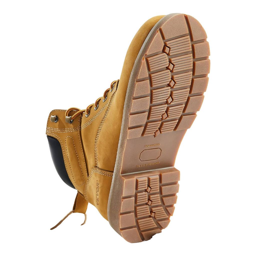 Men's tan steel-toe waterproof work boots, lace-up with chunky tread outsole