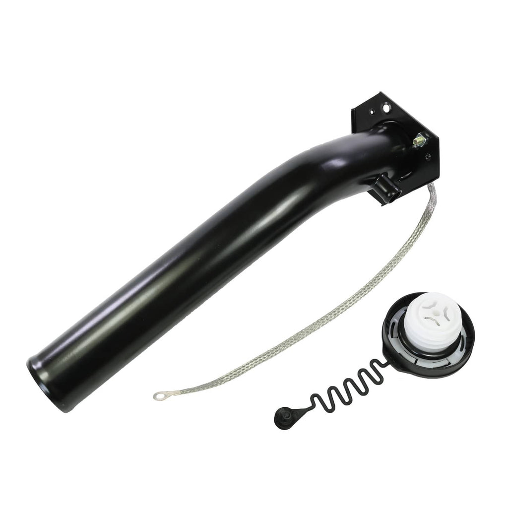 Fuel tank filler neck tube with white cap insert, black spring, and tether cable