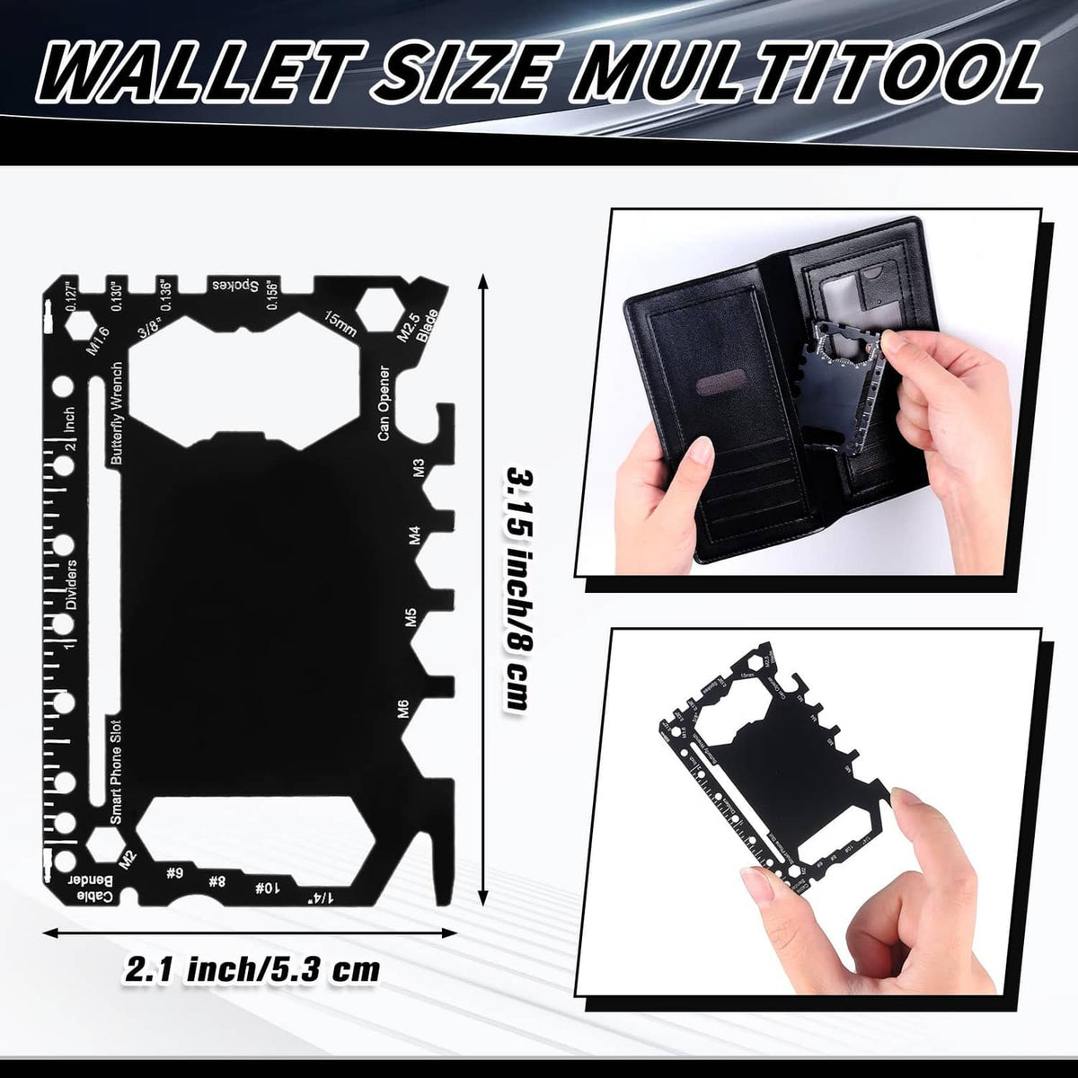 Black credit card multitool wallet tool shown with hand holding and size measurement layout
