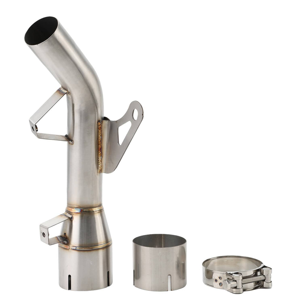 Stainless exhaust mid link pipe elbow with end can, brackets, sleeve and clamp pieces