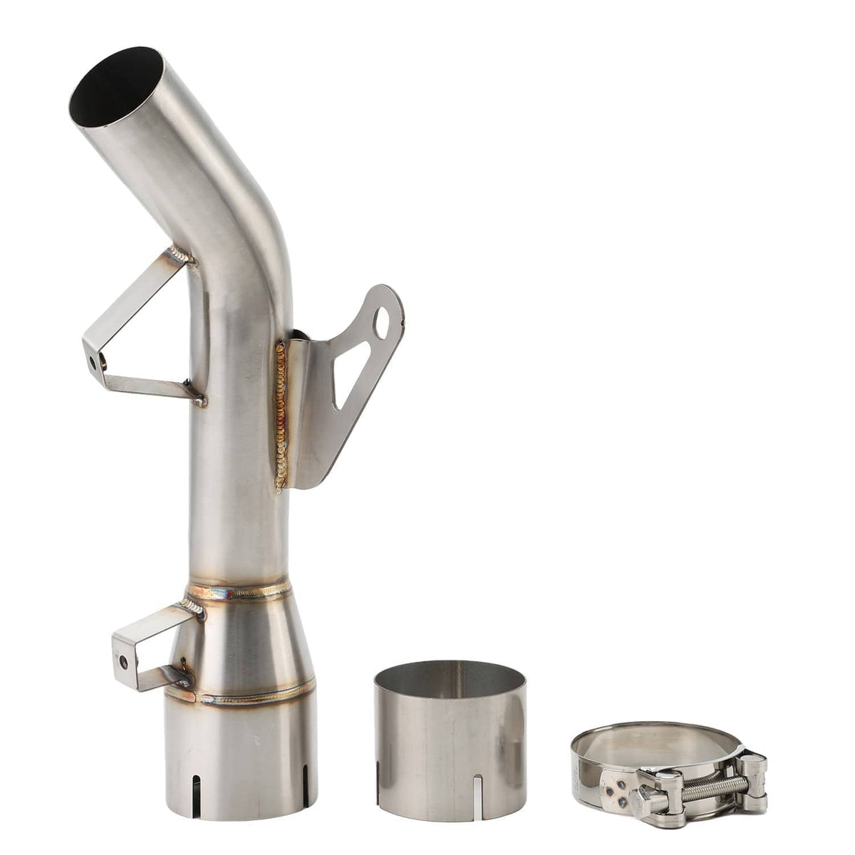 Stainless exhaust mid link pipe elbow with end can, brackets, sleeve and clamp pieces