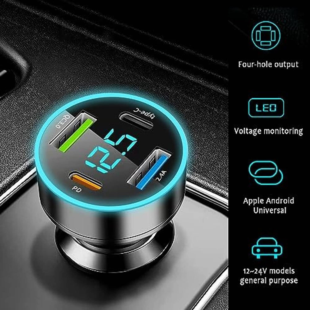 Black 4-port fast car charger with blue-ring LED voltmeter and four-hole output ports
