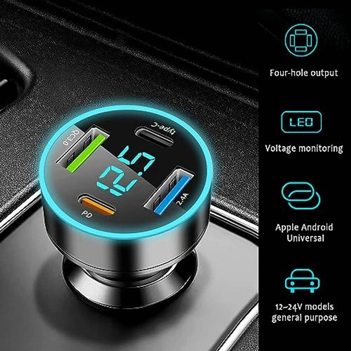 Black 4-port fast car charger with blue-ring LED voltmeter and four-hole output ports