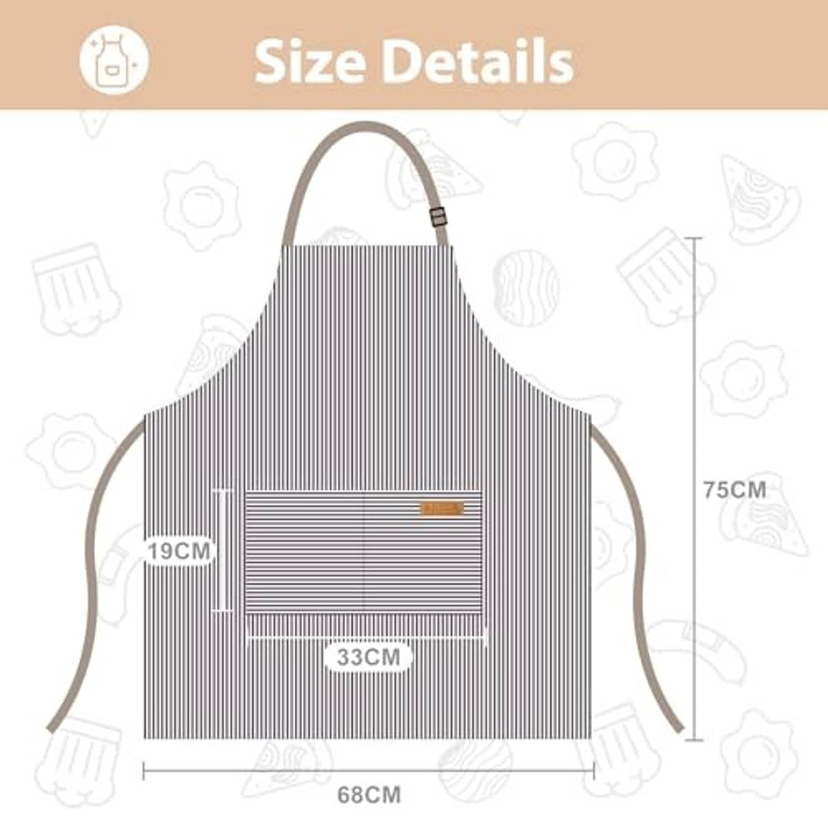 Striped kitchen apron front view with pocket and size measurement guide