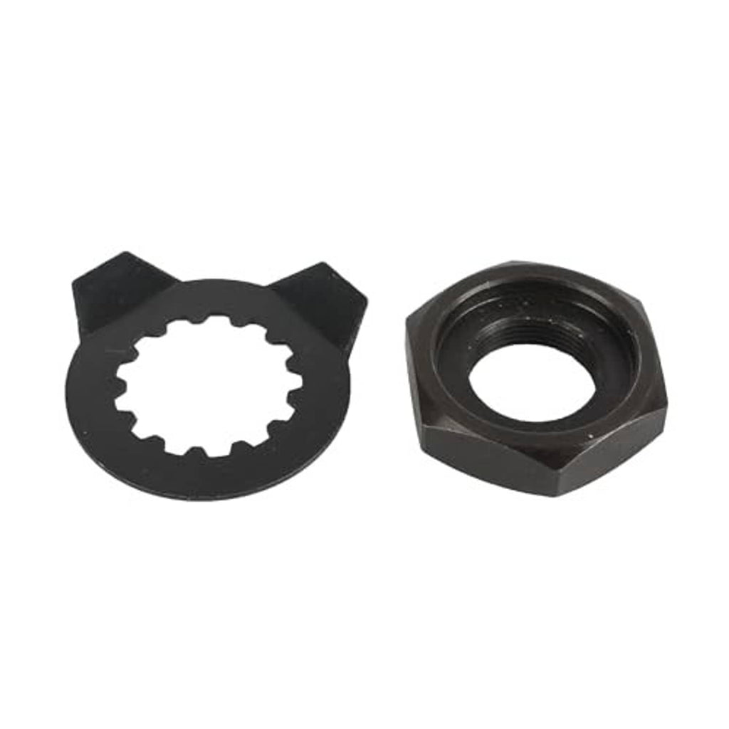 Front sprocket lock nut and toothed bolt washer, black hex nut and ring washer