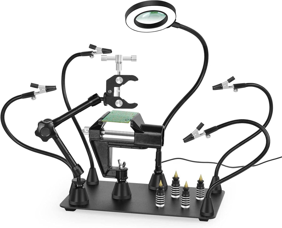 Soldering third hand PCB holder with magnifying lens, clamp base, and flexible arms