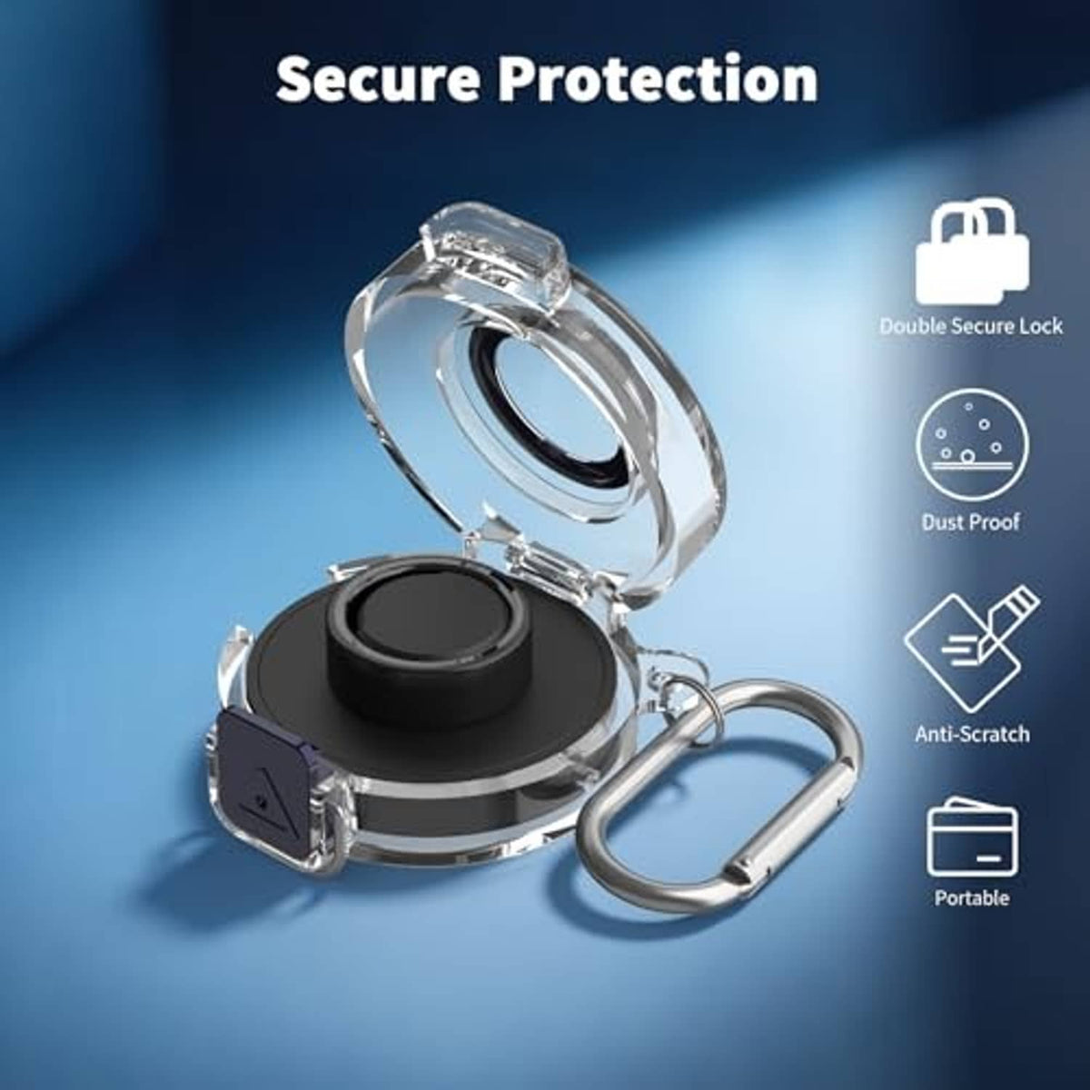 Clear protective charging case with black insert and dual secure locks, carabiner included