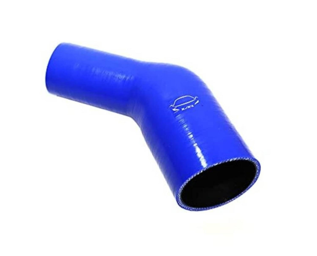 Blue 45-degree elbow reducer coupler, embossed logo on the tube
