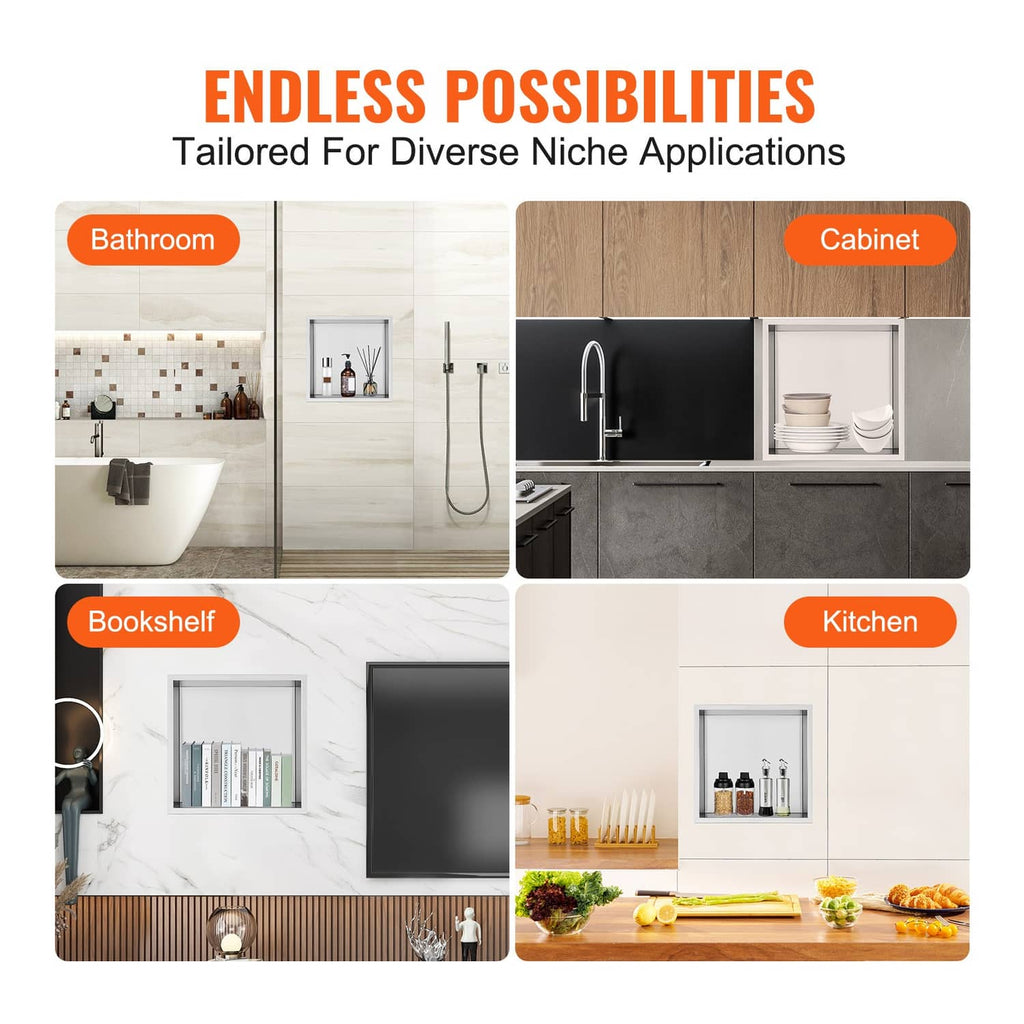 Uimoso stainless steel shower niche shown for bathroom and kitchen uses