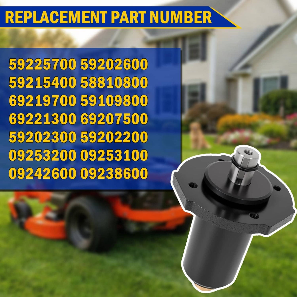 Black deck spindle assembly with mounting plate and replacement part numbers overlay