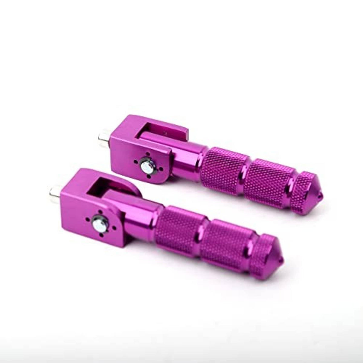 Purple CNC foldable foot pegs with machined rectangular brackets and textured grips, pair