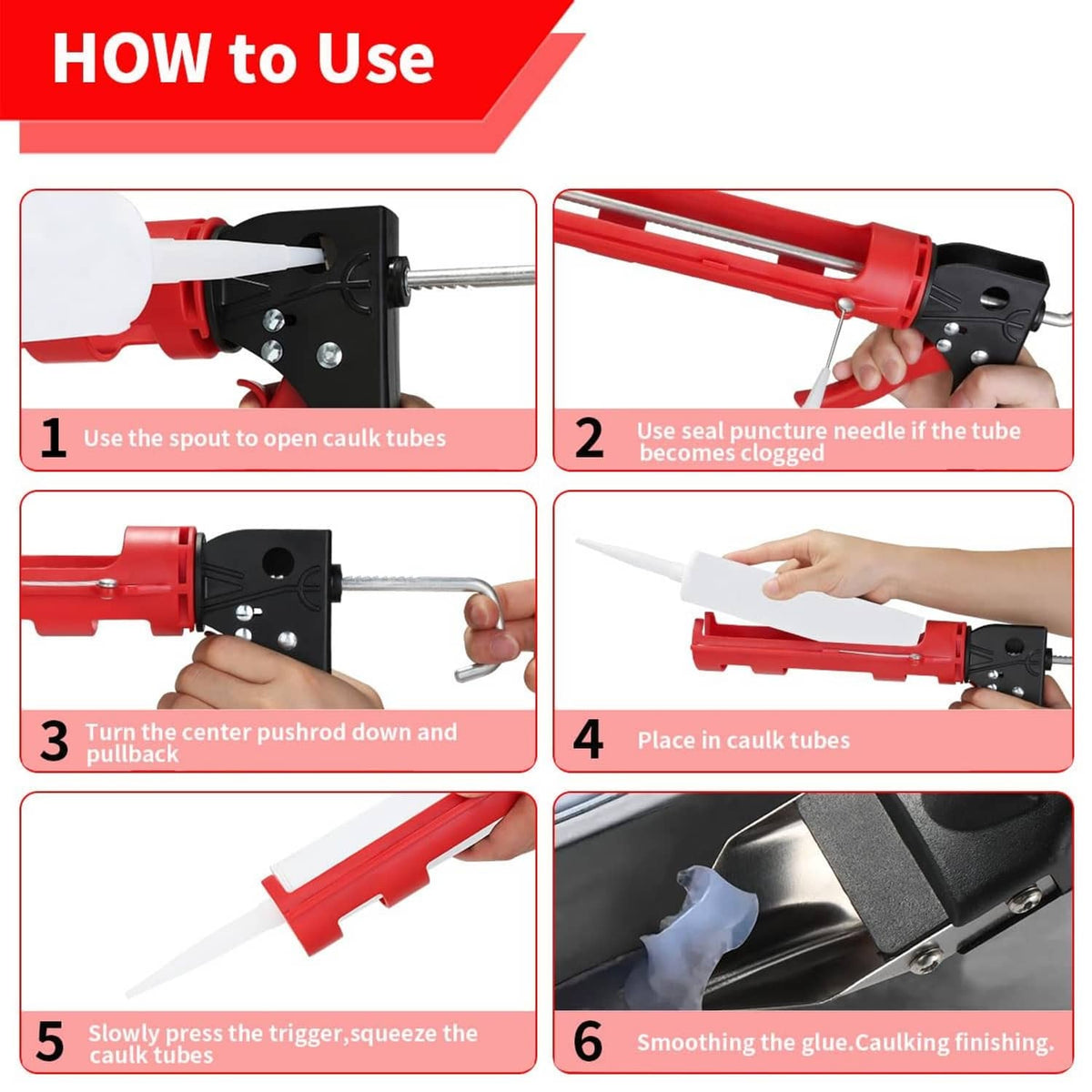 Red caulk gun usage guide showing trigger, puncture needle, and smoothing
