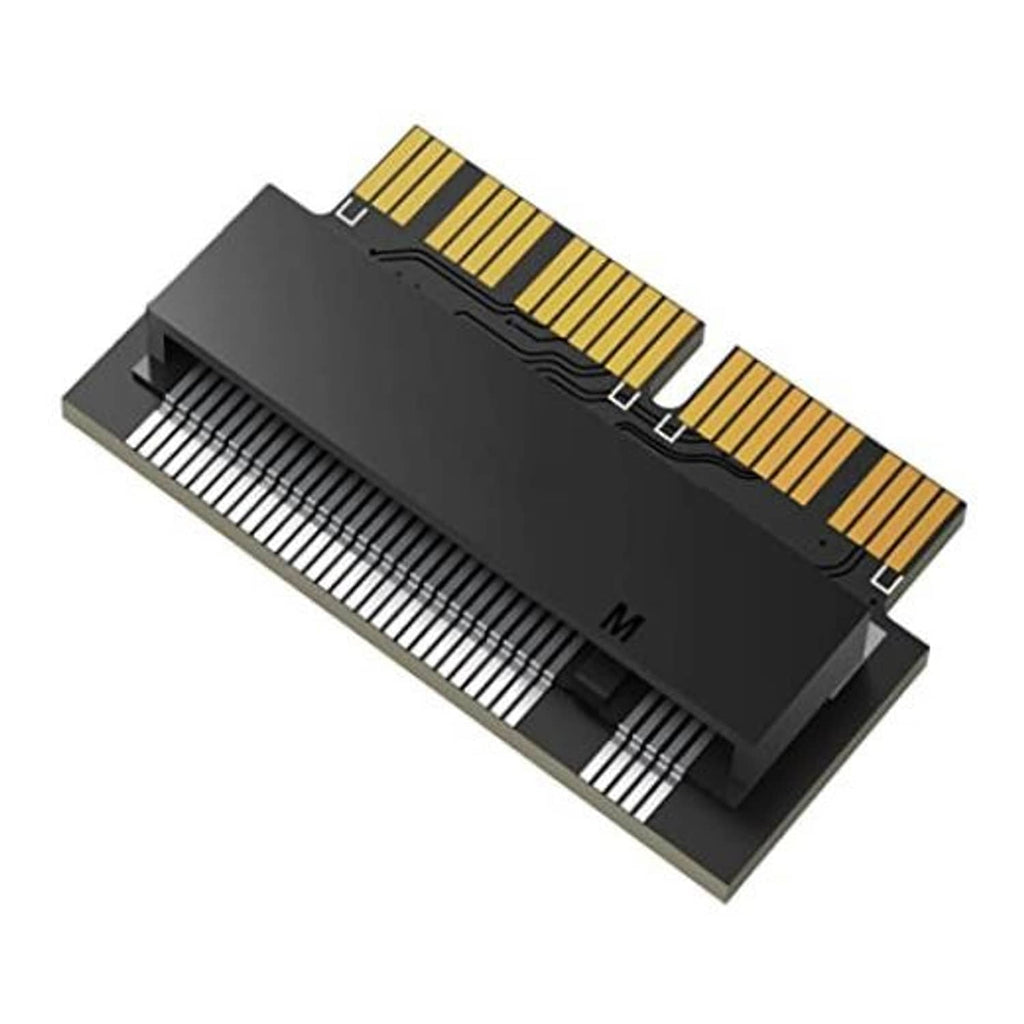 Black M.2 adapter card with gold pin contacts and keyed notch edge