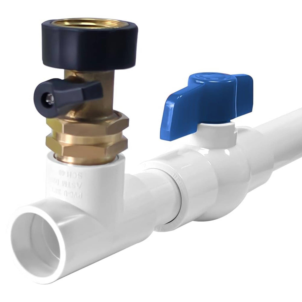 PVC AC drain line cleaner fitting with blue lever, black cap, and brass valve