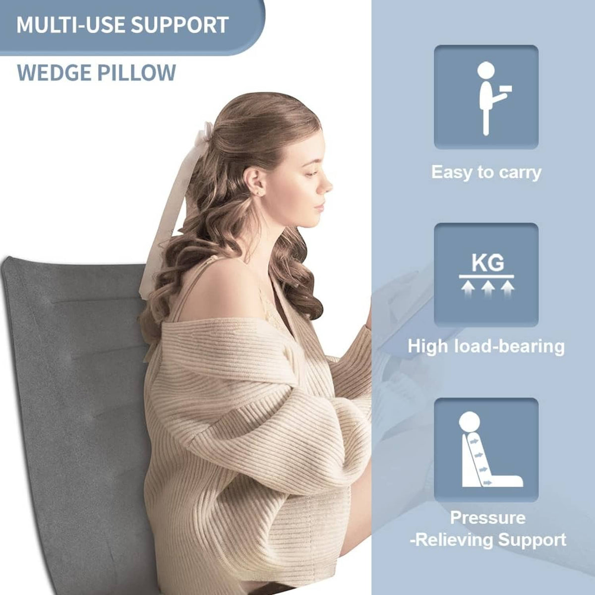 Gray inflatable wedge pillow for multi-use support, easy to carry design