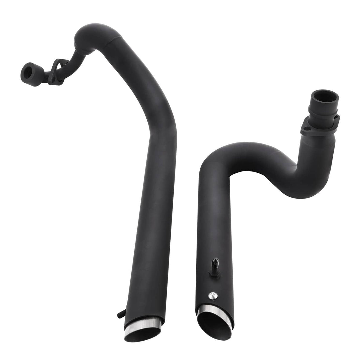 Close-up of matte black exhaust pipes with flanged mounting ends and open pipe outlets.