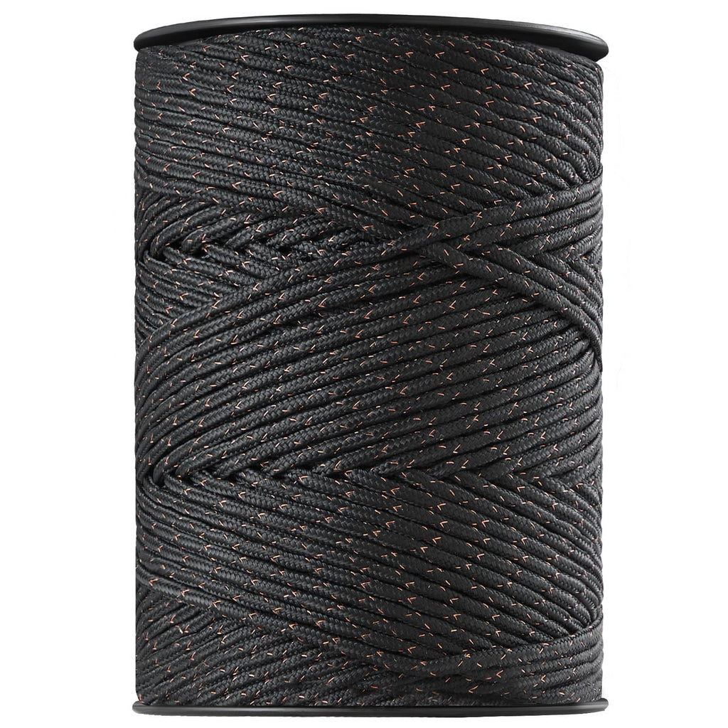 Coiled black electric fence polywire on a spool, twisted strand design