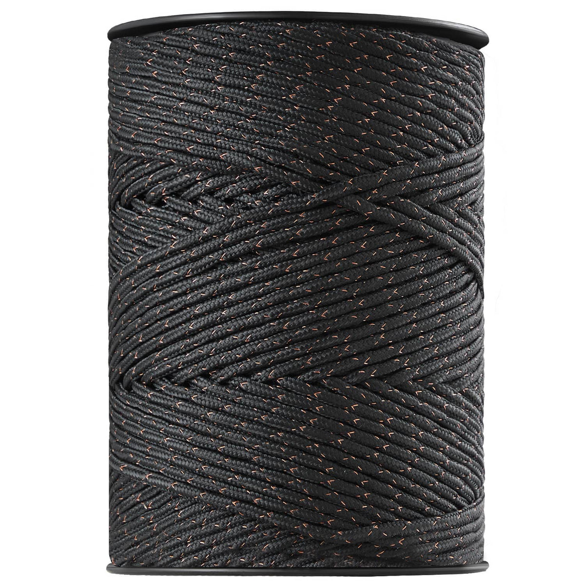 Coiled black electric fence polywire on a spool, twisted strand design