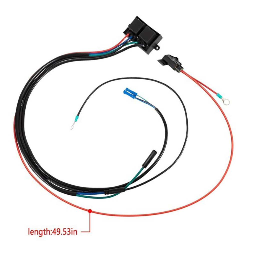 Relay harness wiring set with pre-crimped ring terminal, blue spade ends, and connectors