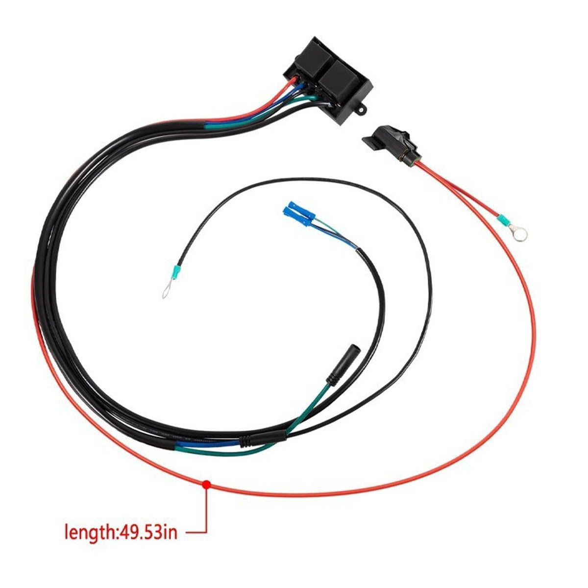 Relay harness wiring set with pre-crimped ring terminal, blue spade ends, and connectors