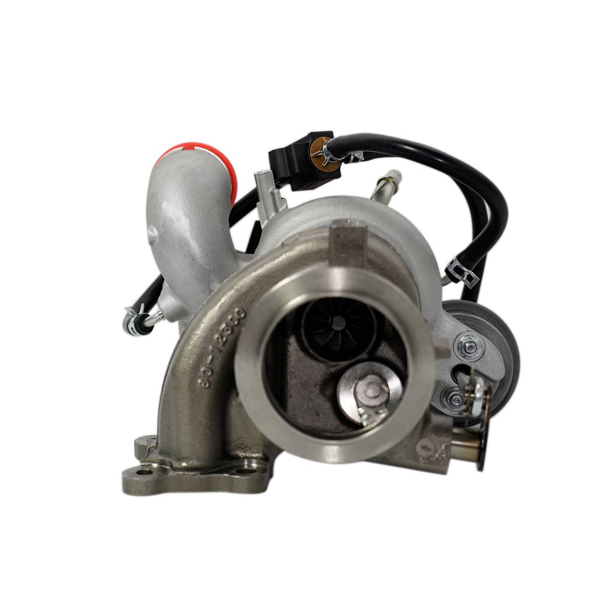Turbocharger with visible turbine inlet and silver compressor housing