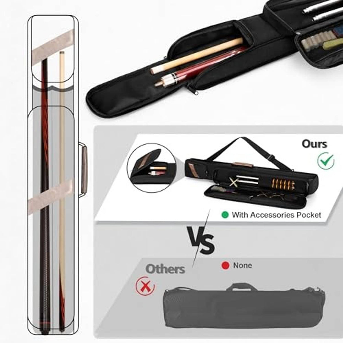 Black zippered pool cue case with accessory pocket and padded interior