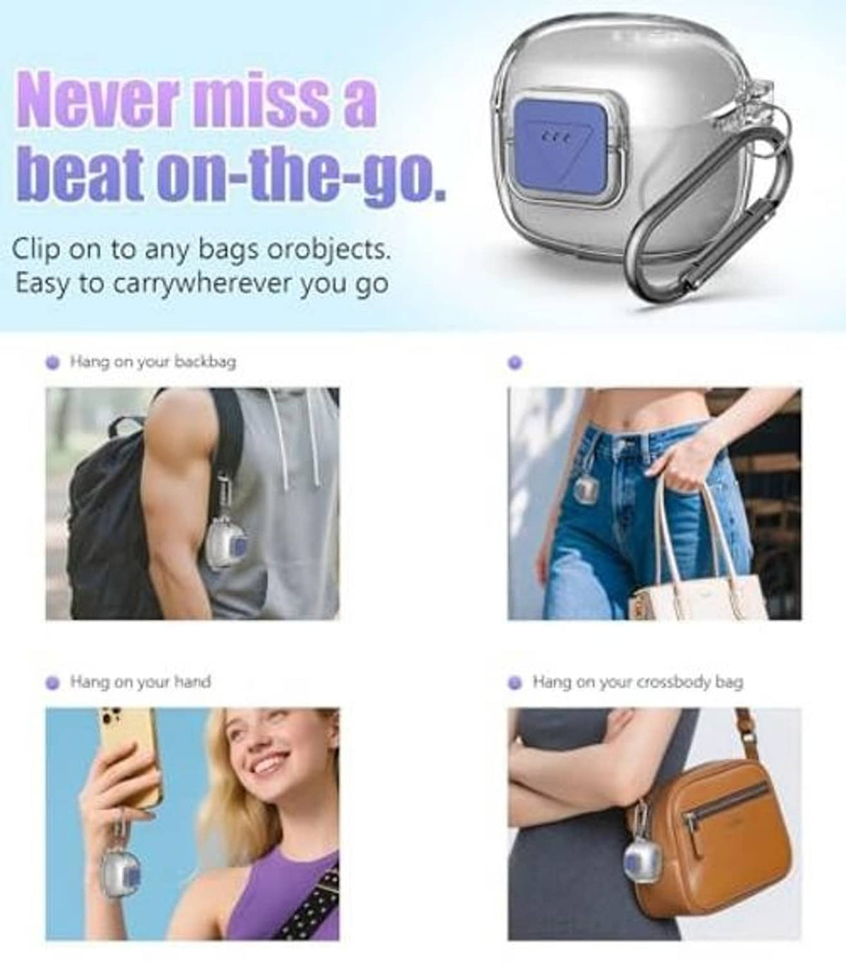 Clear TPU earbud case cover with blue latch and bag clip, attached