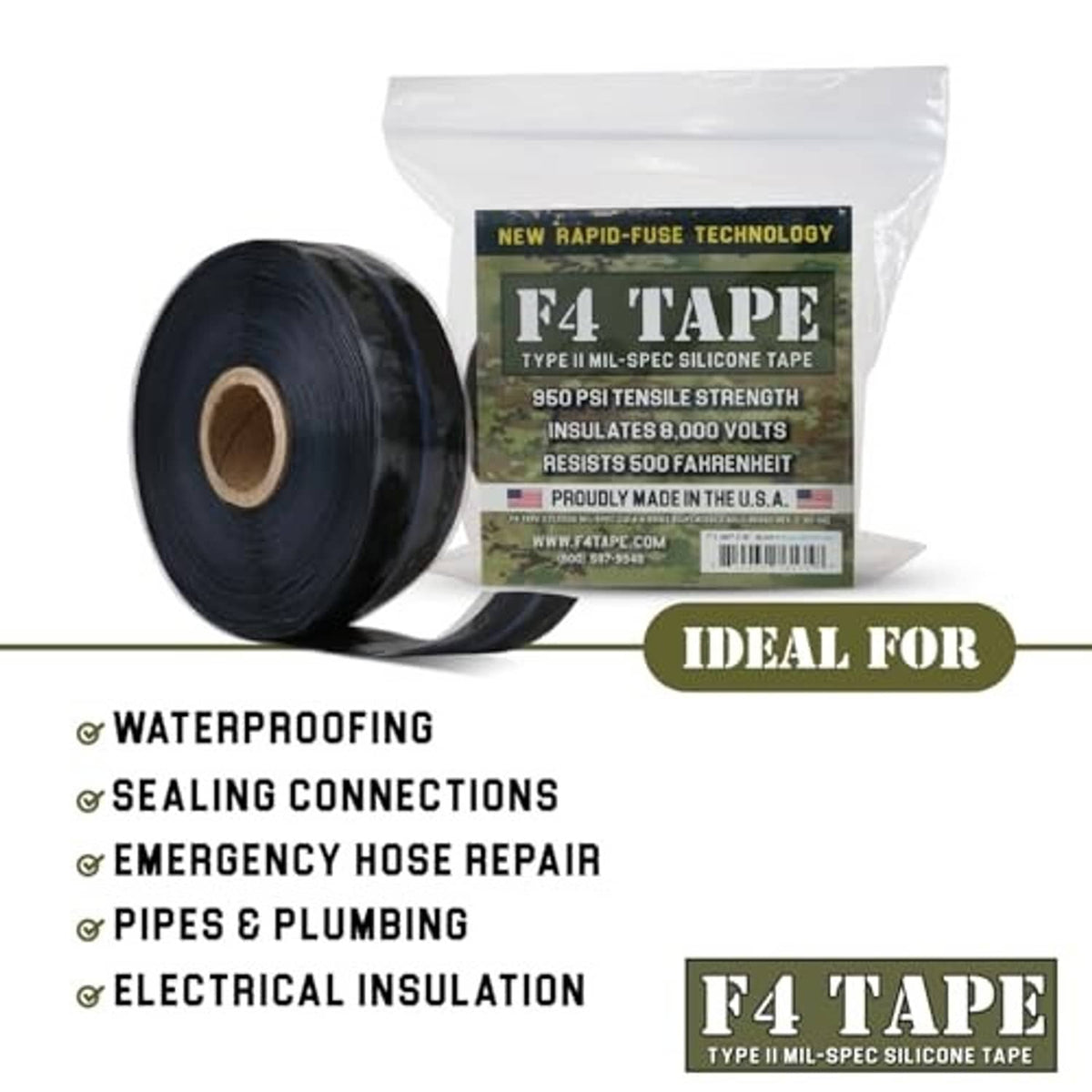 Black self-fusing silicone tape roll beside pouch packaging for repairs