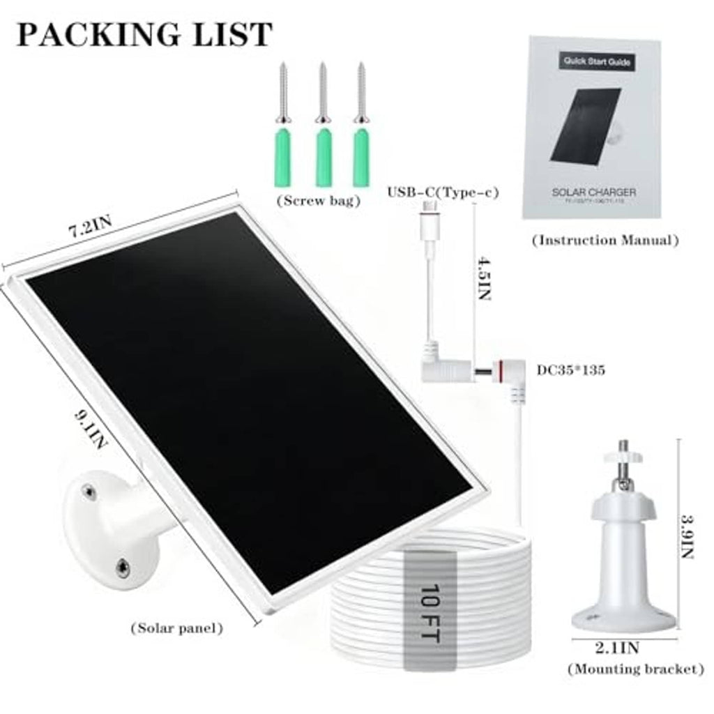 Solar panel kit with wall bracket, USB-C cable, mounting screws, instruction box