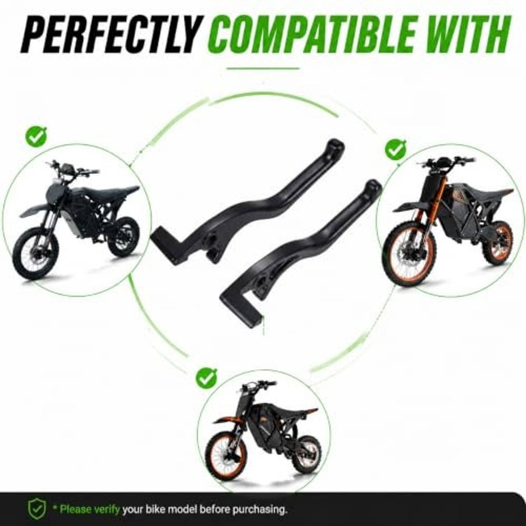 Black brake lever pair centered with compatibility icons for electric bikes