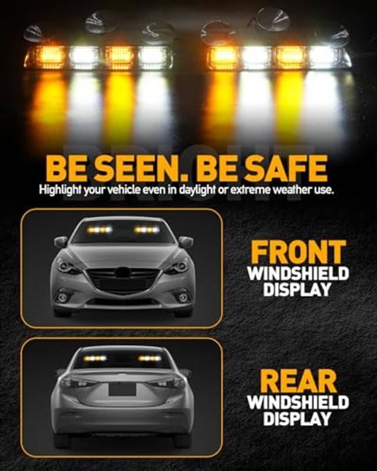 Amber and white LED strobe light bar with bright multi-segment flash illumination