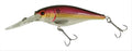Red and gold shad crankbait fishing lure with clear lip and three treble hooks