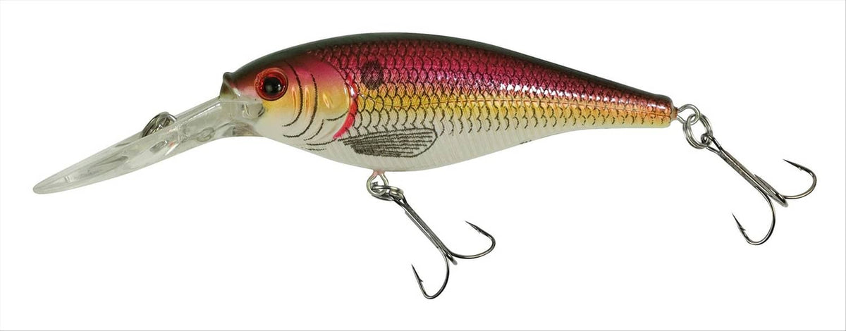 Red and gold shad crankbait fishing lure with clear lip and three treble hooks